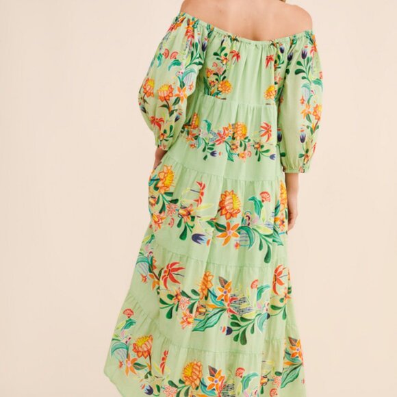 Farm Rio Anthropologie L NWT Off-The-Shoulder Tiered Floral Midi Dress Large - Picture 6 of 7